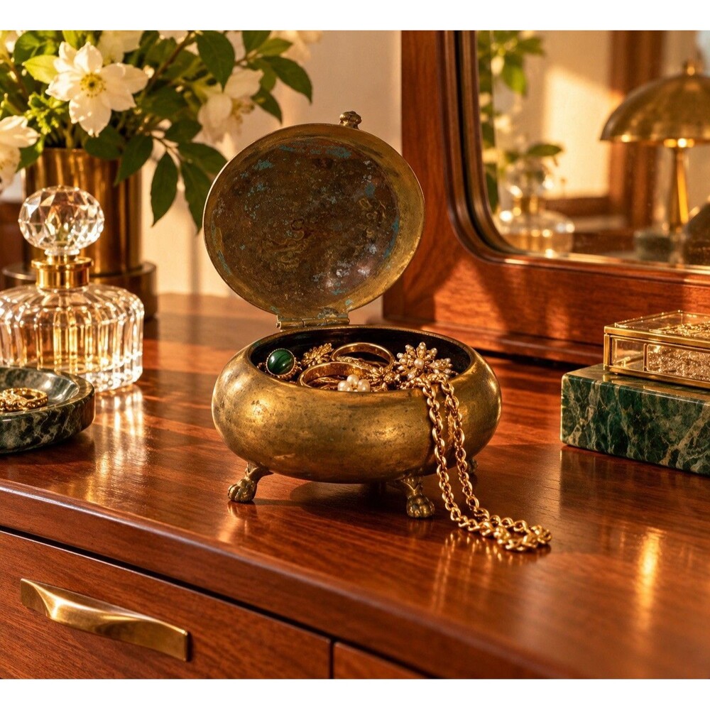 Vintage Brass Jewelry Trinket Box Hinged Lid Footed Round Vanity Keepsake Dish